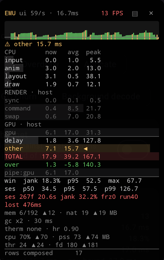 The panel on an emulator, host rows dimmed